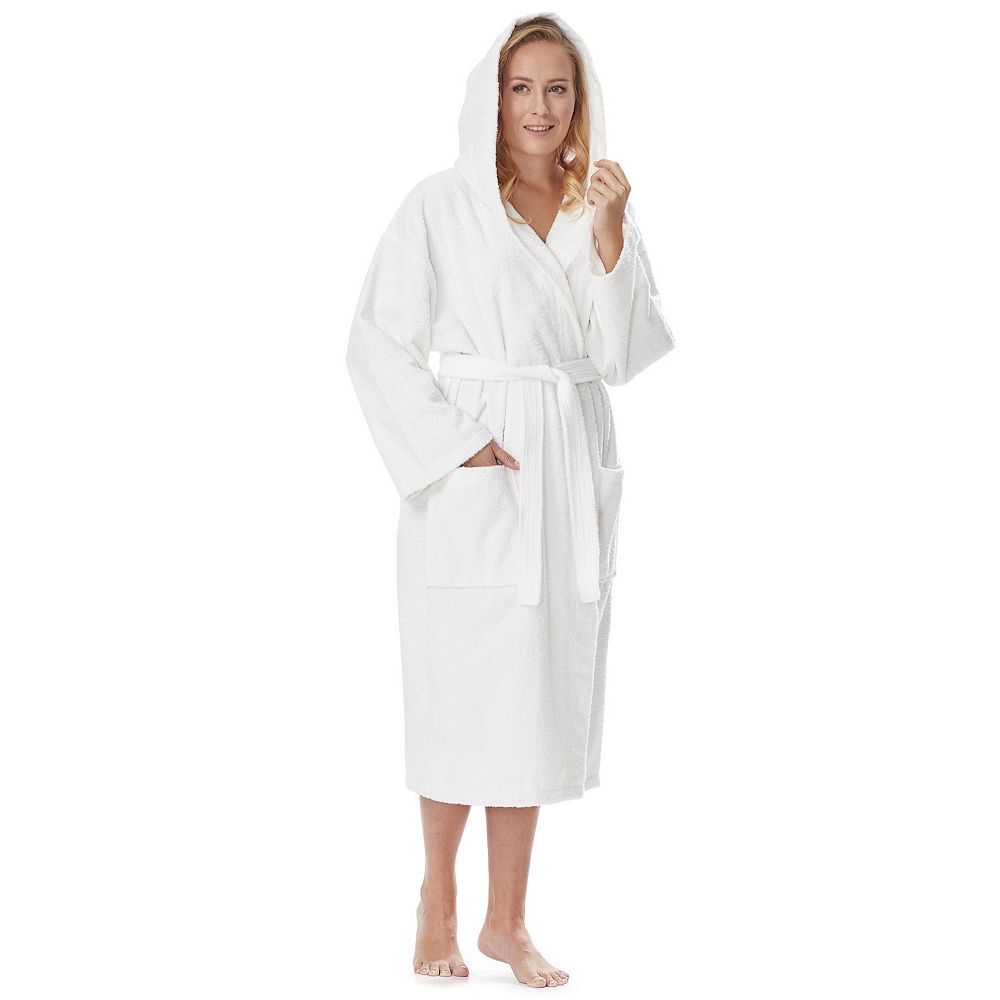 TowelSelections Women's Robe, Cotton Lined Hooded Terry Bathrobe Medium/Large White-Gray