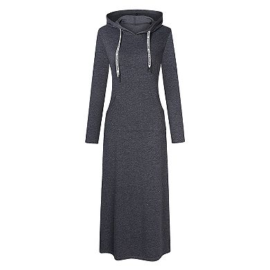 Women Long Sleeve Pullover Hoodie Dress Stripe Pocket Slim Sweatshirt Casual Maxi Dress