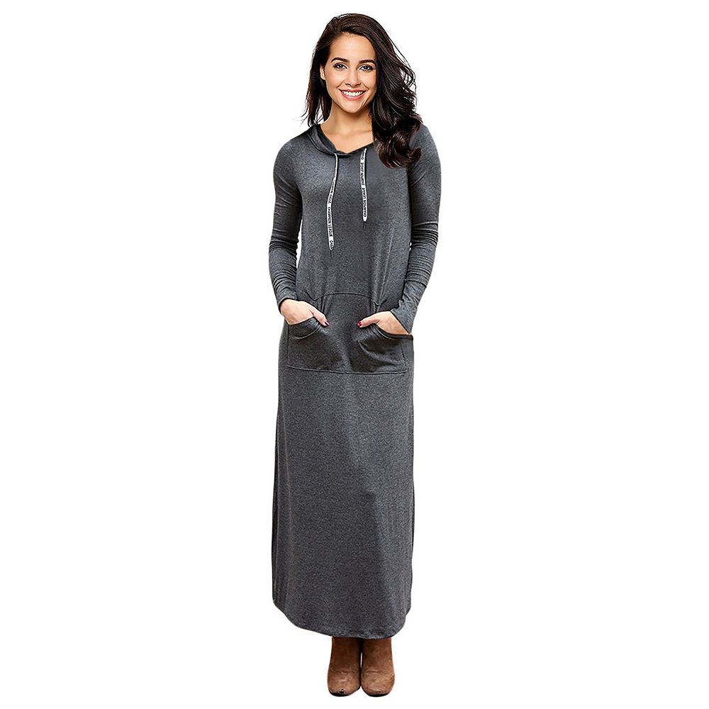 Plus Size Fleece Hoodie Dress For Women - Long Sleeve Pullover Maxi Dress With Pocket