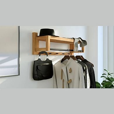WOODEK Contemporary Oak Wood Coat Rack - Minimalistic Entryway Organizer with Shelf and Hooks
