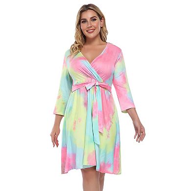 Womens V-neck 3/4 Sleeve A Line Midi Faux Wrap Plus Size Cocktail Party Swing Dress