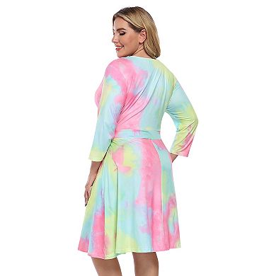 Womens V-neck 3/4 Sleeve A Line Midi Faux Wrap Plus Size Cocktail Party Swing Dress