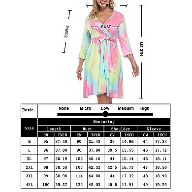 Womens V-neck 3/4 Sleeve A Line Midi Faux Wrap Plus Size Cocktail Party Swing Dress