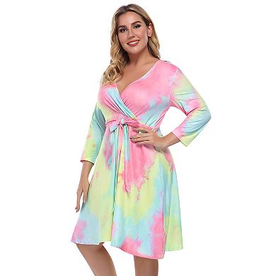 Womens V-neck 3/4 Sleeve A Line Midi Faux Wrap Plus Size Cocktail Party Swing Dress