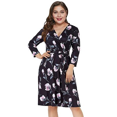 Womens V-neck 3/4 Sleeve A Line Midi Faux Wrap Plus Size Cocktail Party  Swing Dress