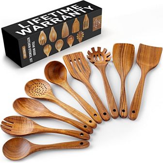 Zulay Kitchen 9 pc Teak Wooden Utensils For Cooking With Premium Gift Box