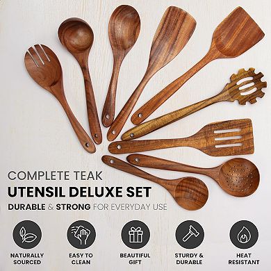 Zulay Kitchen 9-piece Teak Wooden Utensils For Cooking With Premium Gift Box