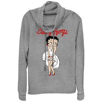 Juniors' Betty Boop White Dress Blown Up Cowlneck Graphic Lightweight Long Sleeve