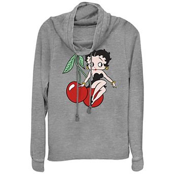 Juniors' Betty Boop Sitting On Cherries Cowlneck Graphic Lightweight Long Sleeve