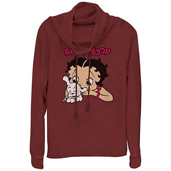 Juniors' Betty Boop Petting Pudgy Cowlneck Graphic Lightweight Long Sleeve