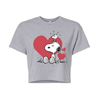 Juniors' Peanuts Snoopy & Woodstock Heart Cropped Tee