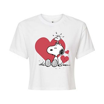 Juniors' Peanuts Snoopy & Woodstock Heart Cropped Tee