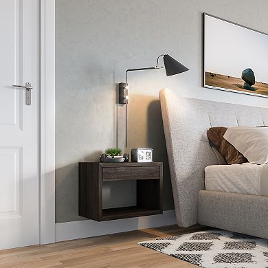 WOODEK Compact Wooden Nightstand Open Storage and a Drawer - Space-saving Side Table for Bed