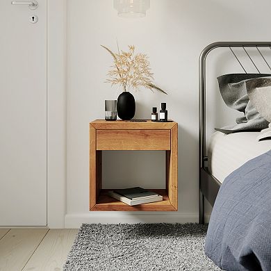 WOODEK Set of 2 Stylish floating Oak Wooden Nightstand with a Drawer and a Shelf