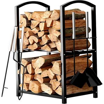 Firewood Rack - Outdoor Firewood Holder Black - 4 Hooks For Fireplace Tools Set