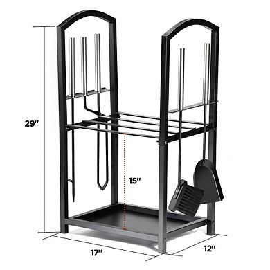 Firewood Rack - Outdoor Firewood Holder Black - 4 Hooks For Fireplace Tools Set