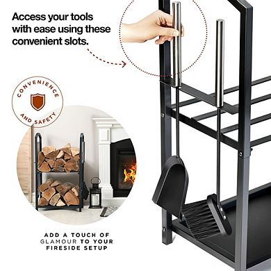 Firewood Rack - Outdoor Firewood Holder Black - 4 Hooks For Fireplace Tools Set