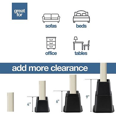 Adjustable Bed Risers - Elevation in 3-8 Inch - Stackable Furniture Risers, 4 Pack Bed Lifts Black