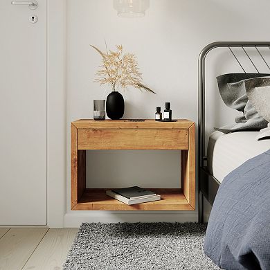 WOODEK Rustic Wooden Nightstand with Open Storage and a Drawer - Vintage Side Table for Bed
