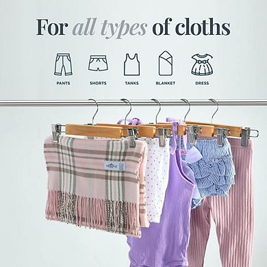 10 Pack Wooden Skirt Hangers with Clips Natural Wood Color - Clip Hanger for Pant, Skirts, Slacks