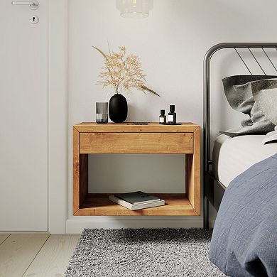 WOODEK Unfinished Rustic Oak Wood Nightstand with Open Storage and a Drawer - Vintage Side Table