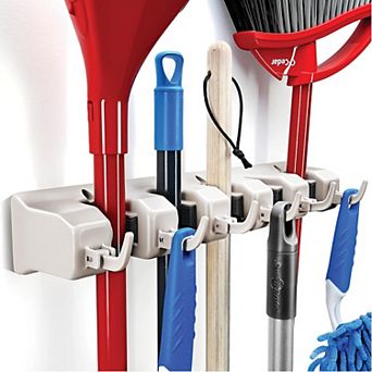 Mop And Broom Holder with 5 Slots, 6 Hooks, 7.5lbs Capacity Per Slot - Tool Organizer Off-White