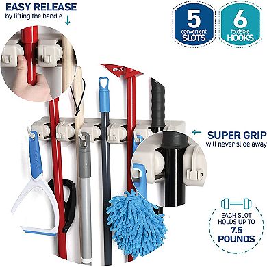 Mop And Broom Holder with 5 Slots, 6 Hooks, 7.5lbs Capacity Per Slot - Tool Organizer Off-White
