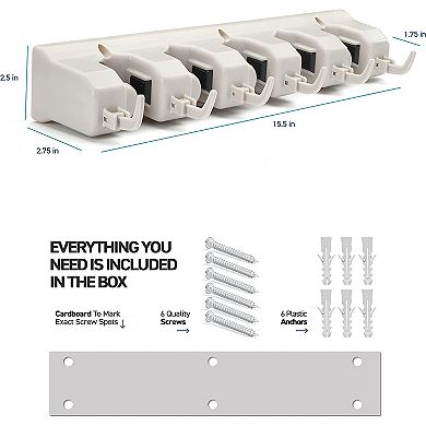 Mop And Broom Holder with 5 Slots, 6 Hooks, 7.5lbs Capacity Per Slot - Tool Organizer Off-White