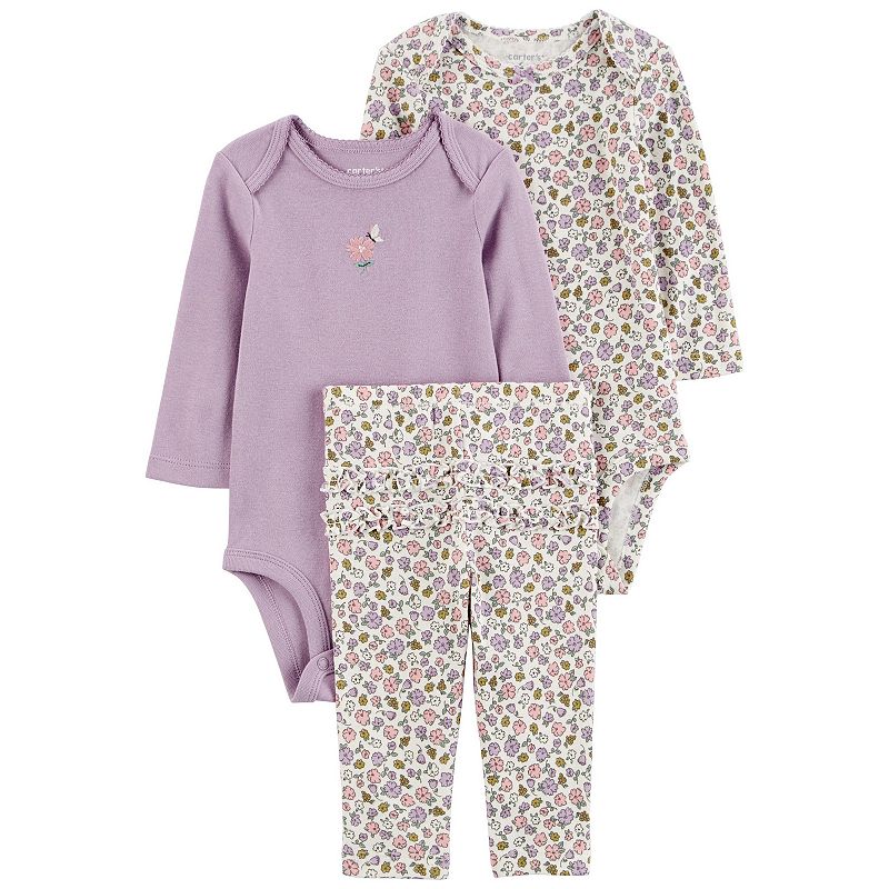 Baby Girl Carter's 3-pc. Floral Bodysuit & Pants Set, Girl's, Size: 3 Months, Purple Floral