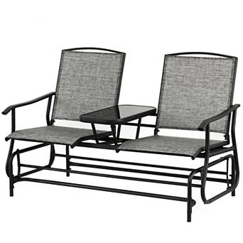 Swing Glider Chair Set with Center Tempered Glass Table, Loveseat Lawn Rocker Bench