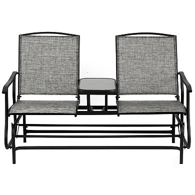 Swing Glider Chair Set with Center Tempered Glass Table, Loveseat Lawn Rocker Bench