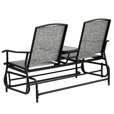 Swing Glider Chair Set with Center Tempered Glass Table, Loveseat Lawn Rocker Bench