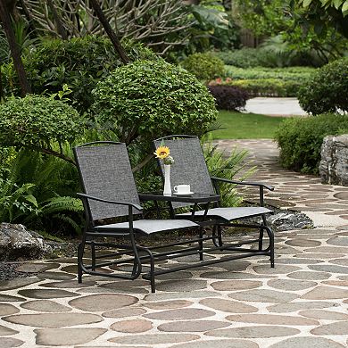 Swing Glider Chair Set with Center Tempered Glass Table, Loveseat Lawn Rocker Bench
