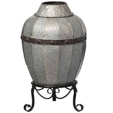 Rustic Silver Galvanized Barrel Shape Planter and Vase with Metal Stand