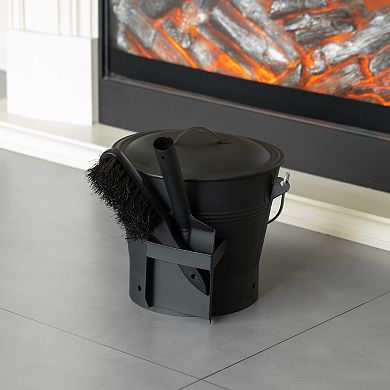 Black Iron Ash Bucket with Lid and Wood Handle Brush Use for Fire Pit, Wood Burning Stove and Grill