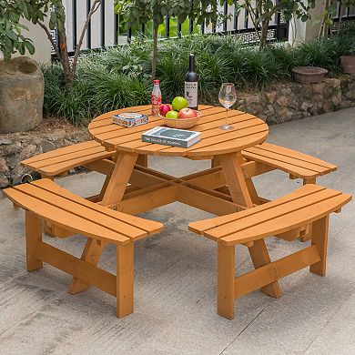 Wooden Outdoor Patio Garden Round Picnic Table with Bench