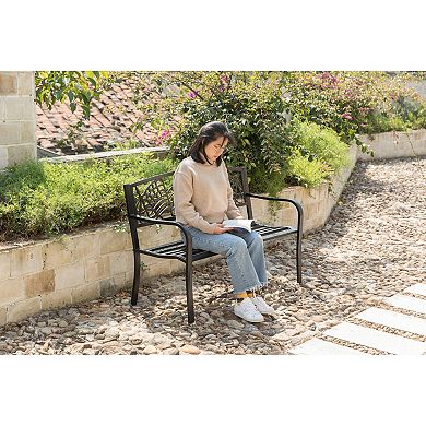 Steel Outdoor Patio Garden Park Seating Bench with Cast Iron Backrest