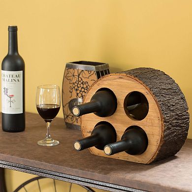 Round Wood Log Style with Bark 4 Bottle Countertop Wine Rack Holder