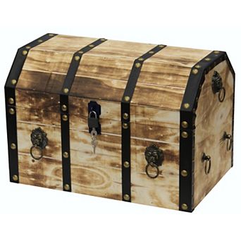 Vintiquewise Wooden Treasure Chest Box with Leather Straps, Brass Rivets & Lion Head Ornaments