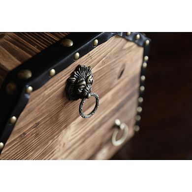 Large Wooden Decorative Lion Rings Pirate Trunk with Lockable Latch and Lock