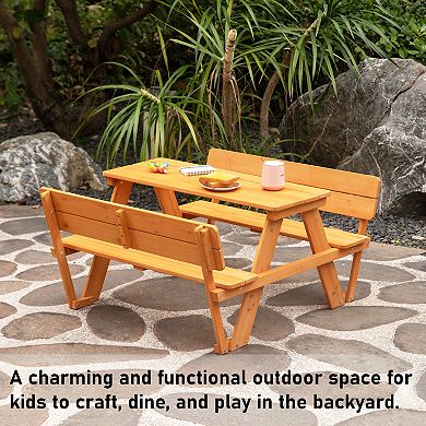 Wooden Kids Picnic Table Bench with Backrest, Outdoor Children's Backyard Table