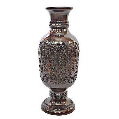 Antique Decorative Hand Curved Mango Wood Table Flower Vase with Unique Textured Pattern