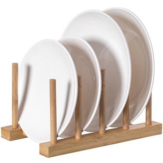 Set Of 2 Bamboo Wooden Dish Drainer Rack, Plate Rack, And Drying Drainer, 4 Grid