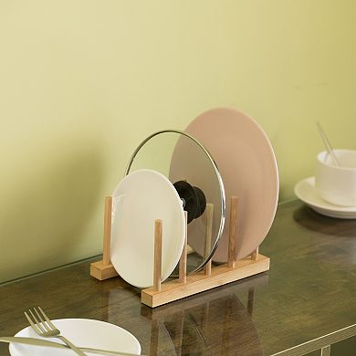 Set Of 2 Bamboo Wooden Dish Drainer Rack, Plate Rack, And Drying Drainer, 4 Grid
