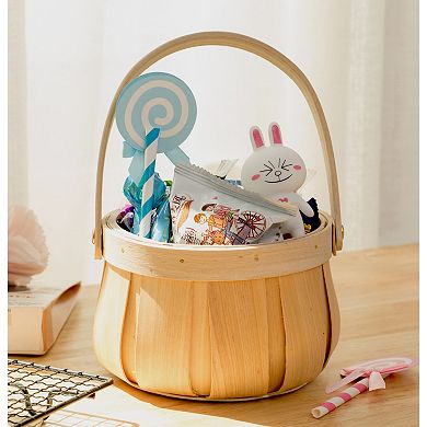 Small Round Natural Woodchip Wooden Decorative Storage Basket with Handle