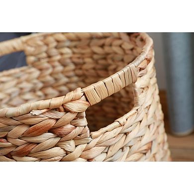 Large Round Water Hyacinth Wicker Basket with Handles - Handwoven Trash Bin