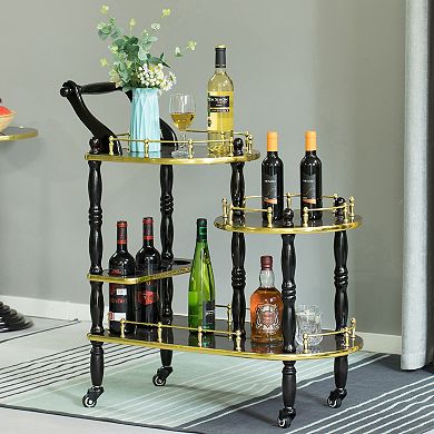 Wood Serving Bar Cart Tea Trolley with 3 Tier Shelves and Rolling Wheels