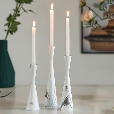 Set of 3 Decorative Resin Taper Candle Holders, Marble Design Modern Candlesticks