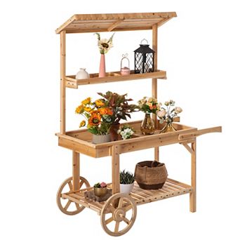 Antique Solid Wood Decor Display Rack Cart Wood Plant Stands with Wheels for Decor Display