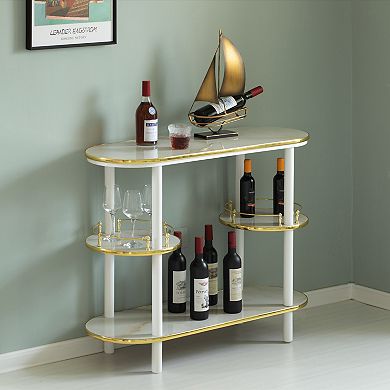 Modern Display Wooden Console Bar with Tiered Open Shelves, Mini Bar with Wine Storage